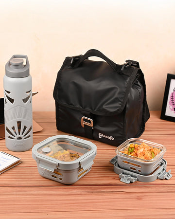 Glass Lunchware Set For Office with Air-Tight Glass lid & Silicone Sleeve (Tiffin: 320x1 + 520x1, Bottle, Bag)