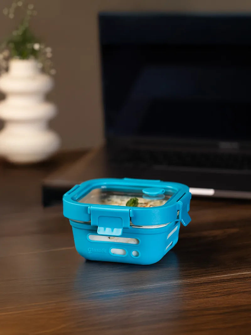 320ml Glass Salad / Lunch Box with Airtight Glass Lid & Silicone Cover, Tranquil Teal