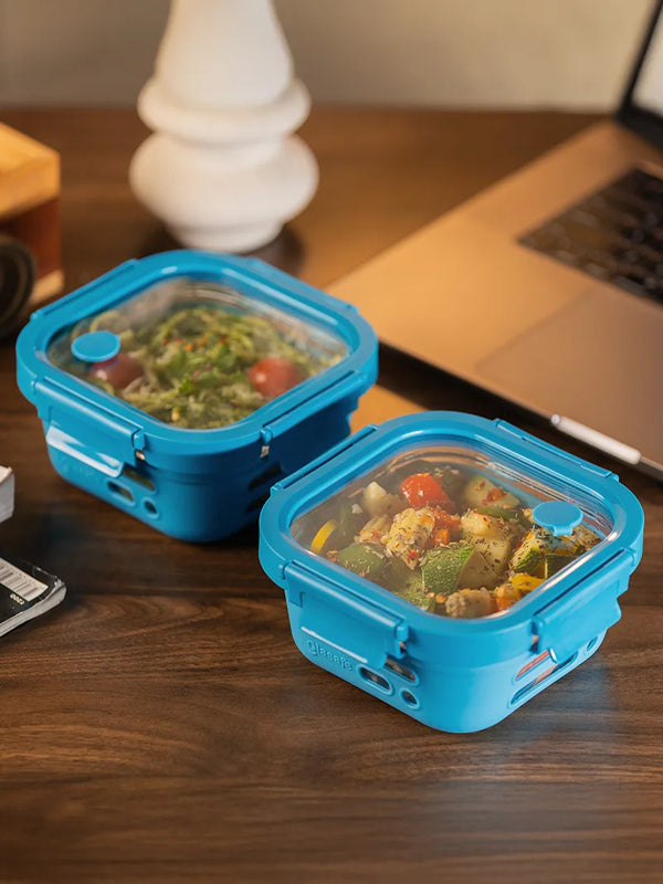 Set of 2 520ml Glass Lunch Box with Airtight Glass Lid & Silicone Cover, Tranquil Teal