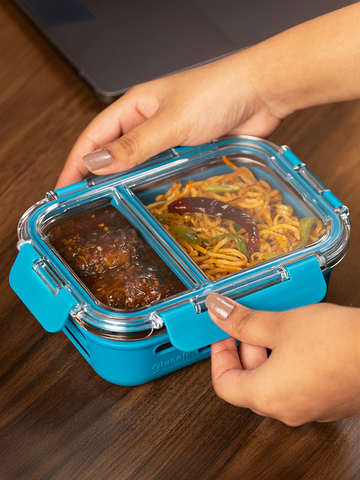 Glasafe 2 Compartment Glass Lunch Box For Office ,teal