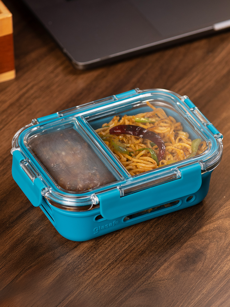 Glasafe 2 Compartment Glass Lunch Box For Office ,mellow mist