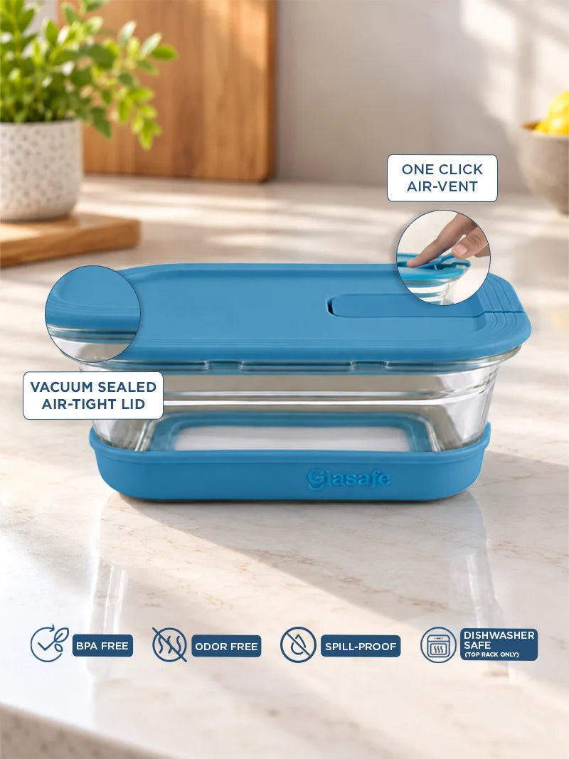 Snap ’N’ Seal Glass Meal Prep Containers With Vaccum Sealed Airtight lid.