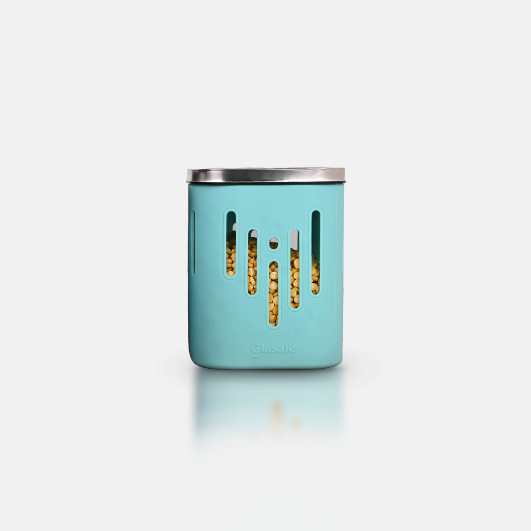 Borosilicate Glass Kitchen Container with Airtight Lid & Silicone Sleeve - 900ml - Mellow Mist