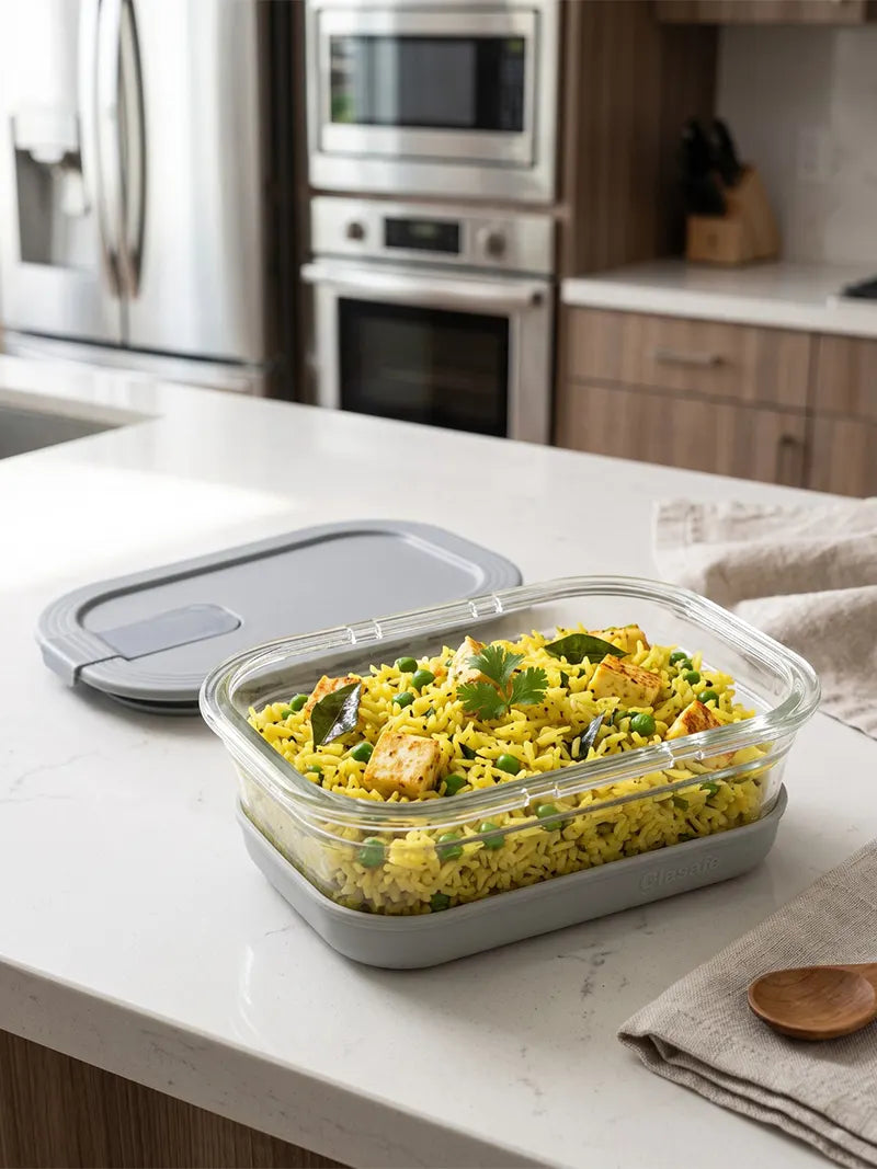 Rectangular Glass Food Storage Containers With Vaccum Sealed Airtight lid . Set of 2 - 420 ml & 900 ml (Soothing Slate)