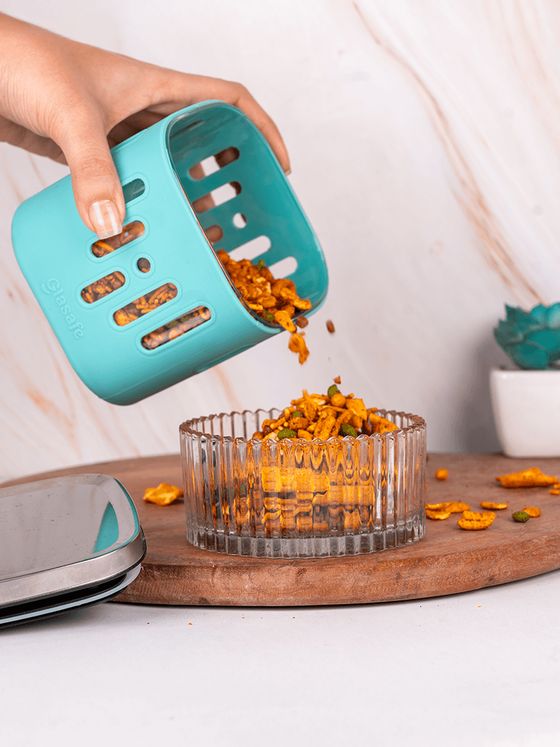 Glasafe glass container for crispy snacks
