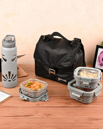 Glass Tiffin Box Set For Office with Air-Tight Glass Lid & Silicone Sleeve (Tiffin: 320x2 + 520x1, Bottle, Bag)