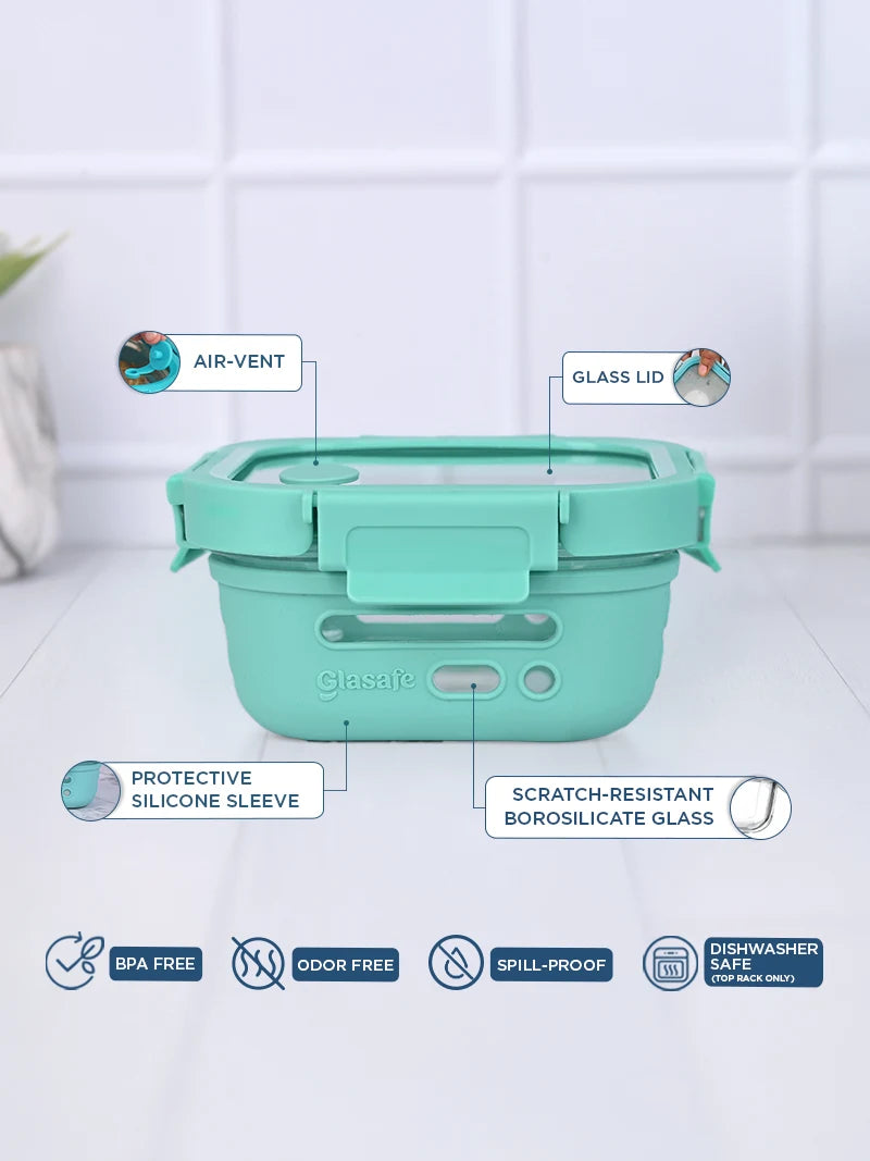 100% borosilicate glass lunch box with silicone sleeve