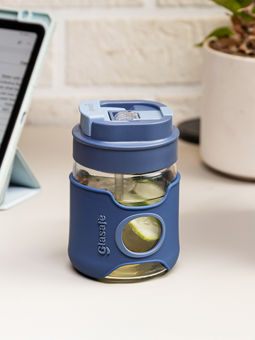 Glass Travel Tumbler with Silicone Sleeve & Dual-Flip Cap – 360ml (Midnight Blue)