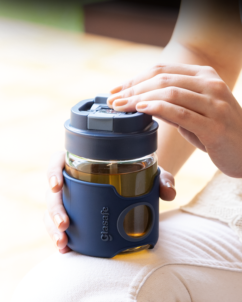 Set of 2 Borosilicate Glass Tumbler with Dual-Flip Lid & Silicone Sleeve - (360mlx2) (Blue, Brown)