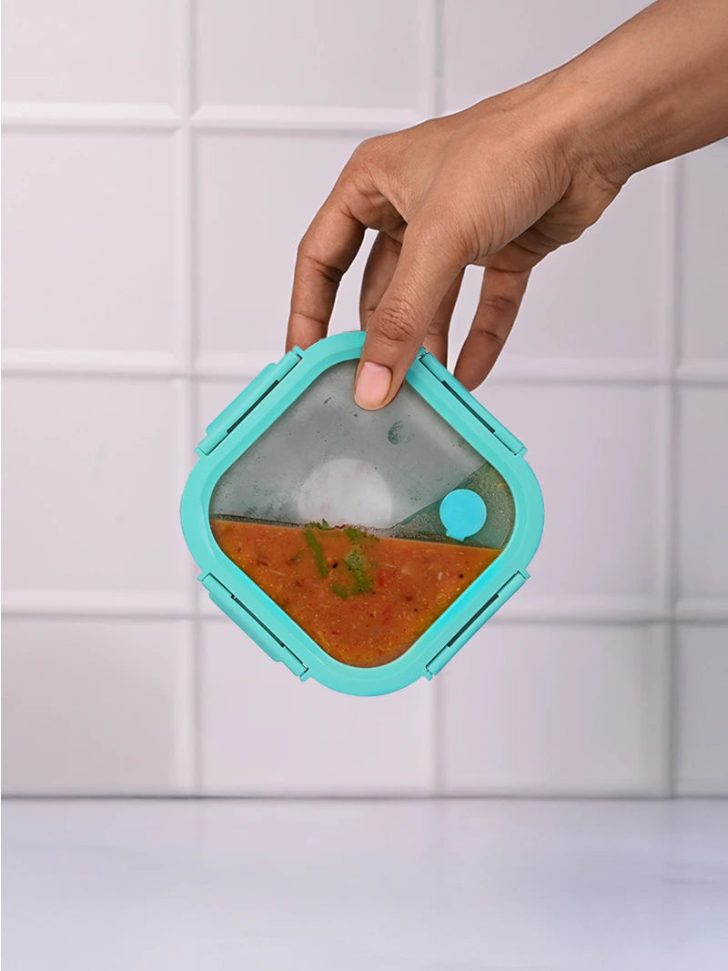 100% leak-proof glass tiffin box with silicone sleeve, airvent and clip-lock lid
