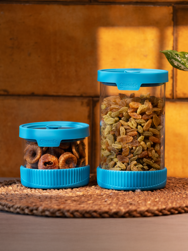 Airtight Borosilicate Glass Jar Set of 2 with Vented Lids – Tranquil Teal (450ml+1000ml)