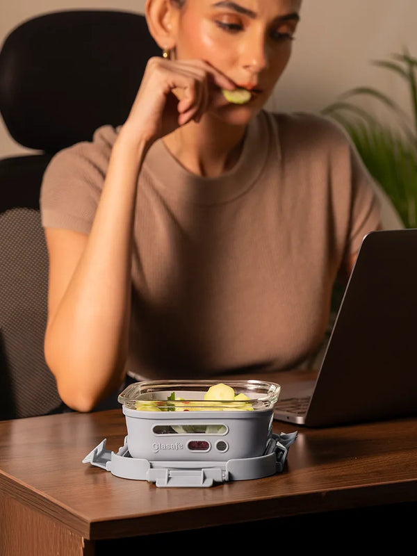 520ml Glass Tiffin Box for Office with Airtight Glass Lid & Silicone Sleeve, Soothing Slate