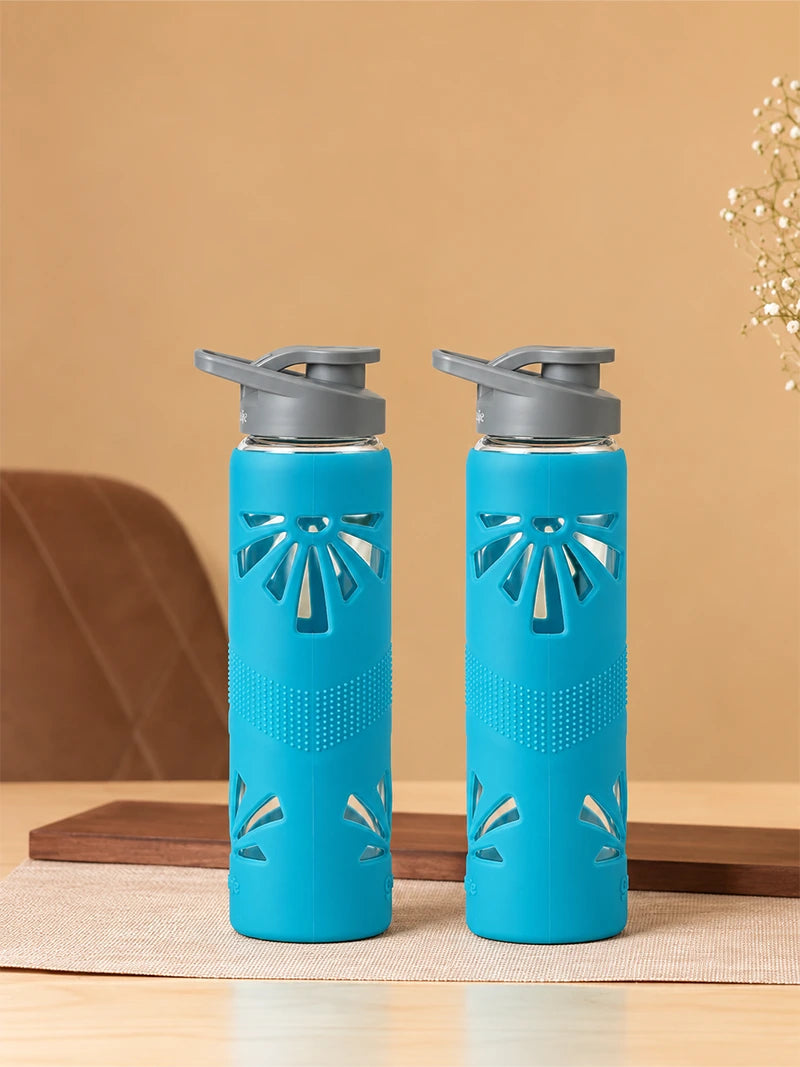 Set of 2 Borosilicate Glass Water Bottle with Protective Silicone Sleeve, 550ml (Blue)