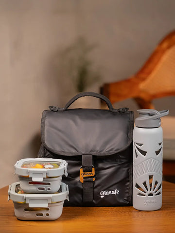 Glass Lunchware Set For Office with Air-Tight Glass lid & Silicone Sleeve (Tiffin: 320x1 + 520x1, Bottle, Bag)