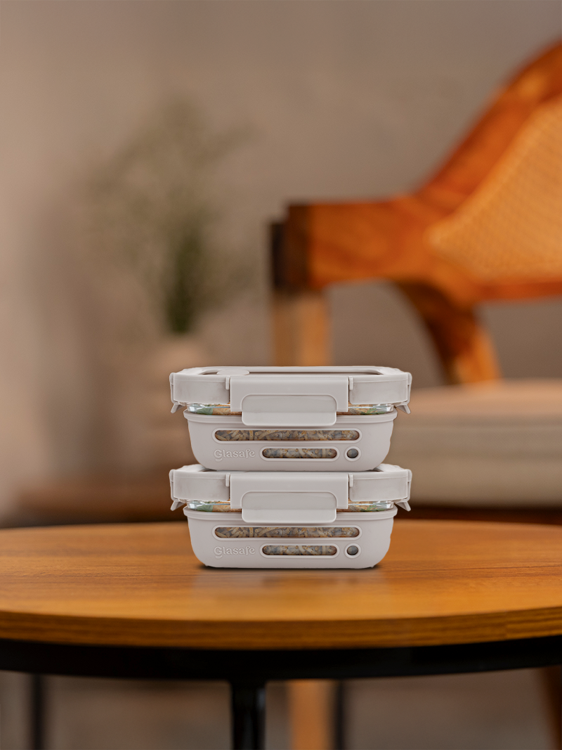 Set of 2 - Glass Tiffin Box for Office with Airtight Glass Lid & Silicone Sleeve, 370ml
