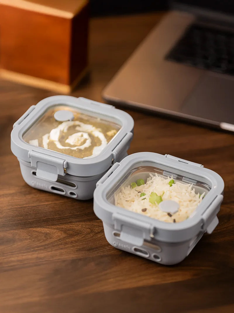 set of 2 borosilicate glass lunch boxes with silicone sleeve