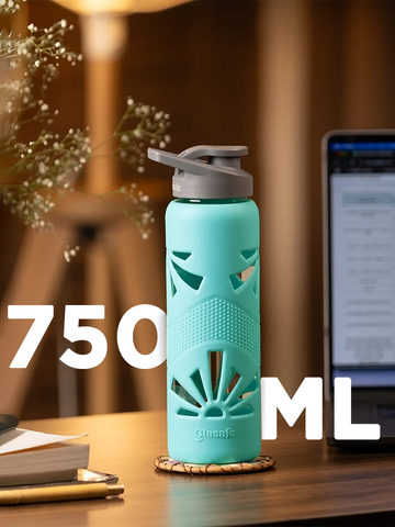 750ml Borosilicate Glass Water Bottle with Silicone Cover (Mellow Mist) - Glasafe Clear Grip