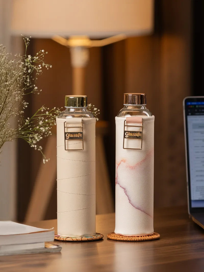 Dual Elegance Set of 2 Vego Sip Premium Glass Bottles with Vegan Leather Cover - (2x750ml)