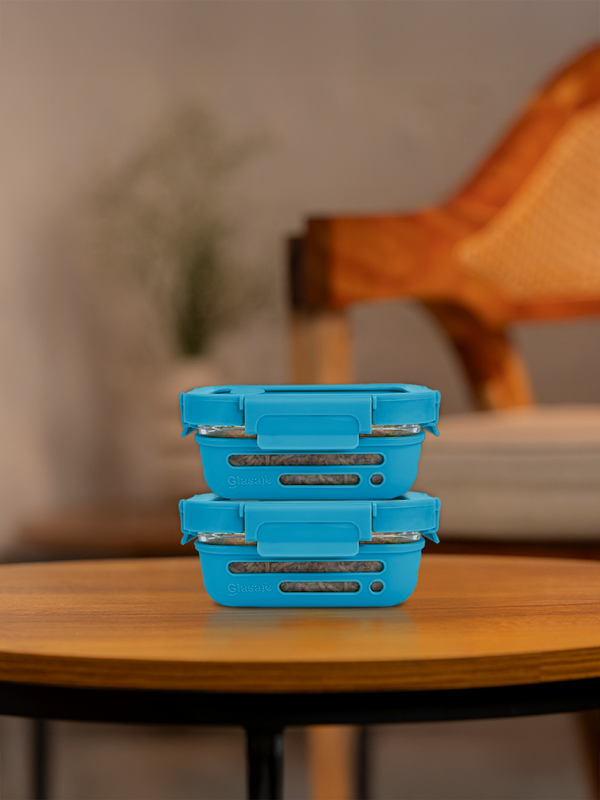 Set of 2 370ml Glass Salad / Lunch Box with Airtight Glass Lid & Silicone Cover, Tranquil Teal