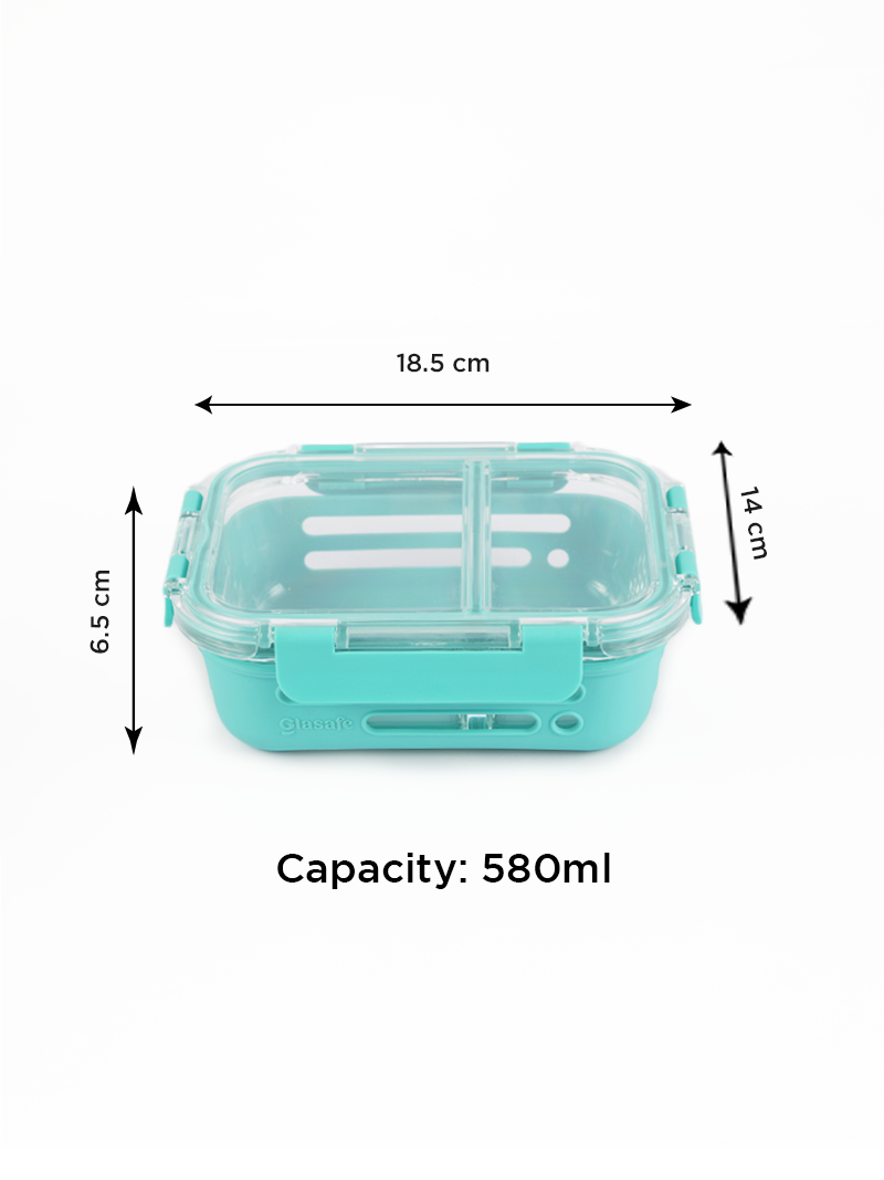 Glasafe 2 Compartment Glass Lunch Box For Office ,mellow mist