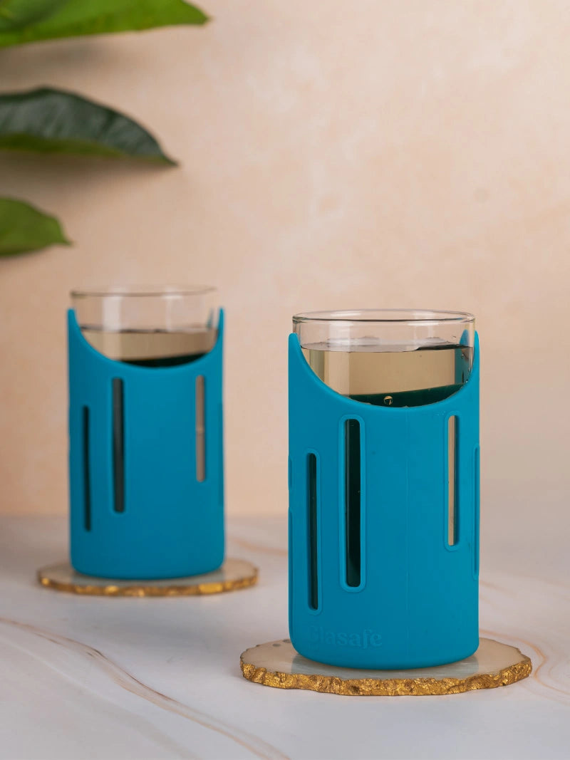 Set of 2 Drinking Water Glasses with Silicone Sleeve, 350ml (Tranquil Teal)