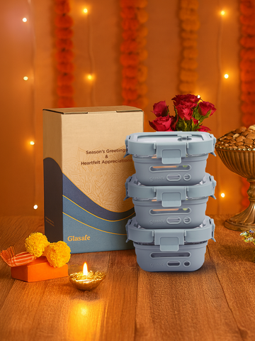 Daily Munch Set of 3 Glass Tiffin Boxes with Gift Box - (3x320ml + 1 box)