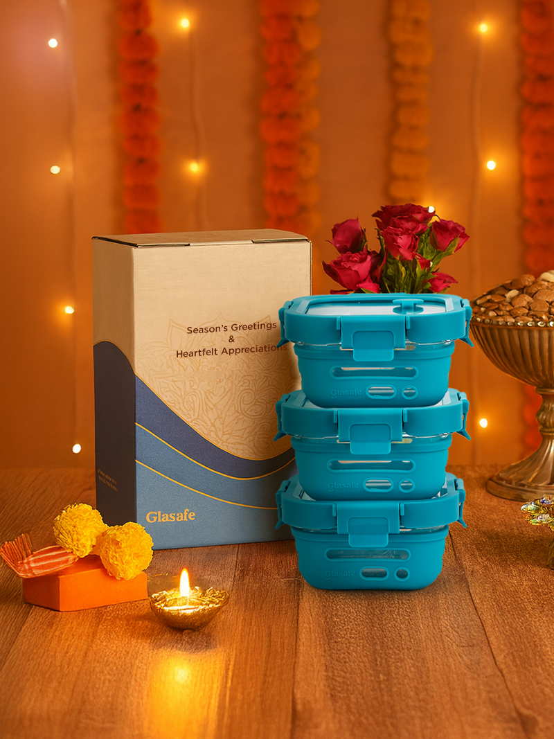 Daily Munch Set of 3 Glass Tiffin Boxes with Gift Box - (3x320ml + 1 box)