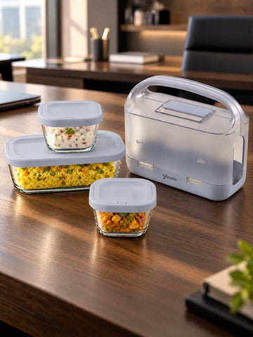 Bento Grip Set of 3 Borosilicate Glass Lunch Box with Protective outer shell & Carry Handle. 1 x 1350ml + 2 x 200ml (Soothing Slate)