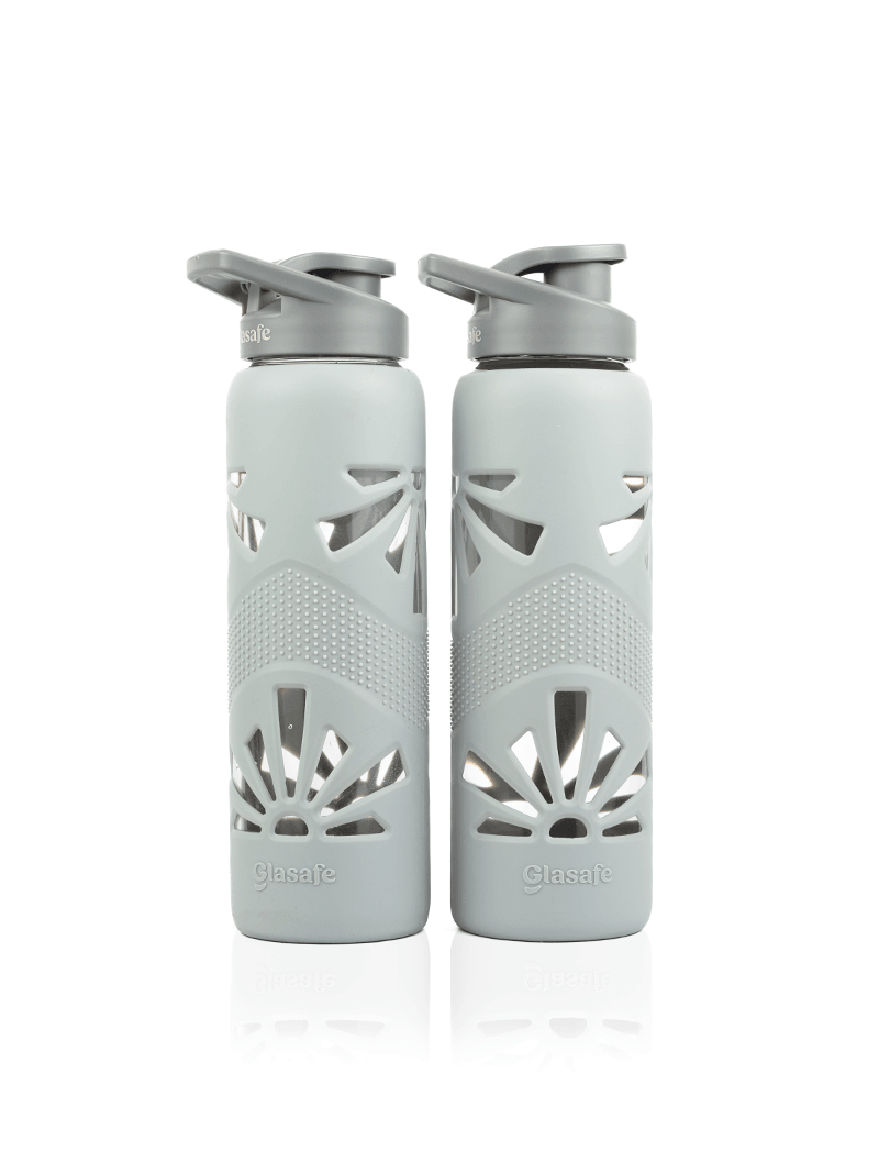 Set of 2 Borosilicate Glass Water Bottle with Protective Silicone Sleeve, 750ml (Grey)