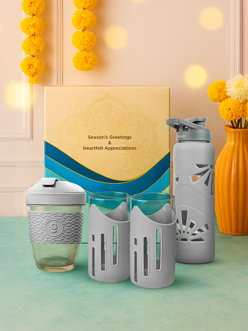 Sip Trio Combo of Glass Bottle, Tumbler and Drinking Glasses - (1x750ml + 2x350ml + 1x320ml + 1box)