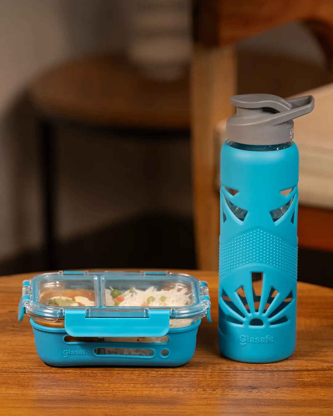 Hydr-O-Lunch Combo of Dual Compartment Tiffin and Glass Water Bottle - (1x580ml + 1x750ml)