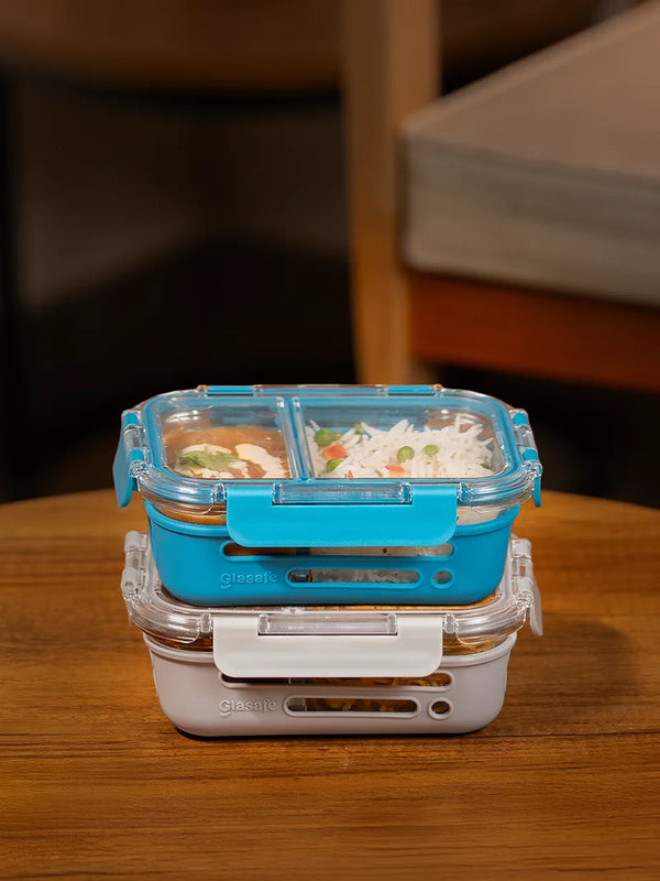 Set of 2 580ml Dual Compartment Glass Lunch Box For Office with Air Tight Lid & Silicone Sleeve, (Blue, Grey)