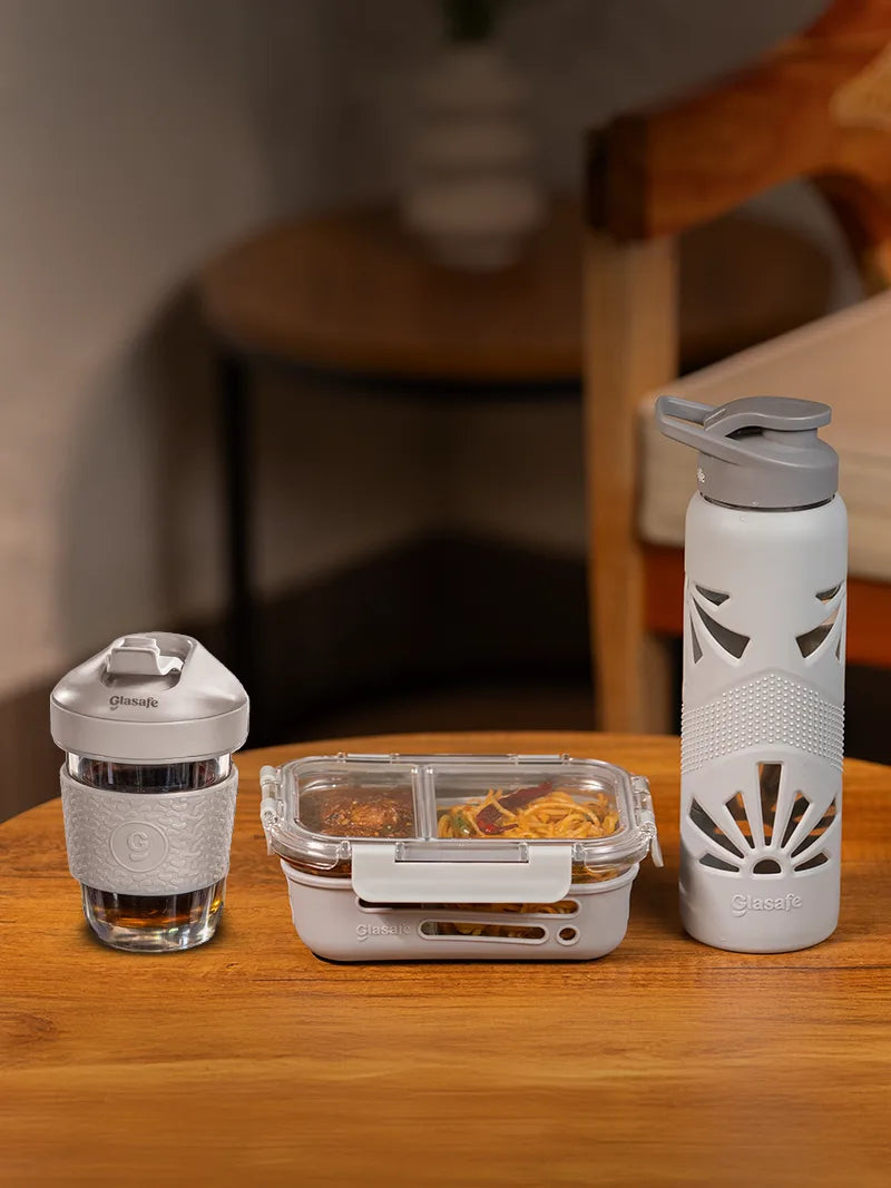 Set of borosilicate glass compartment tiffin, coffee mug and water bottle