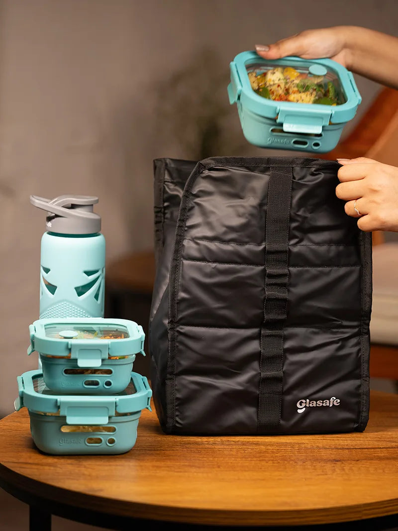 Glass Lunch Box Combo For Office with Air-Tight Glass lid & Silicone Sleeve (Tiffin: 320x1 + 520x2, Bottle, Bag)