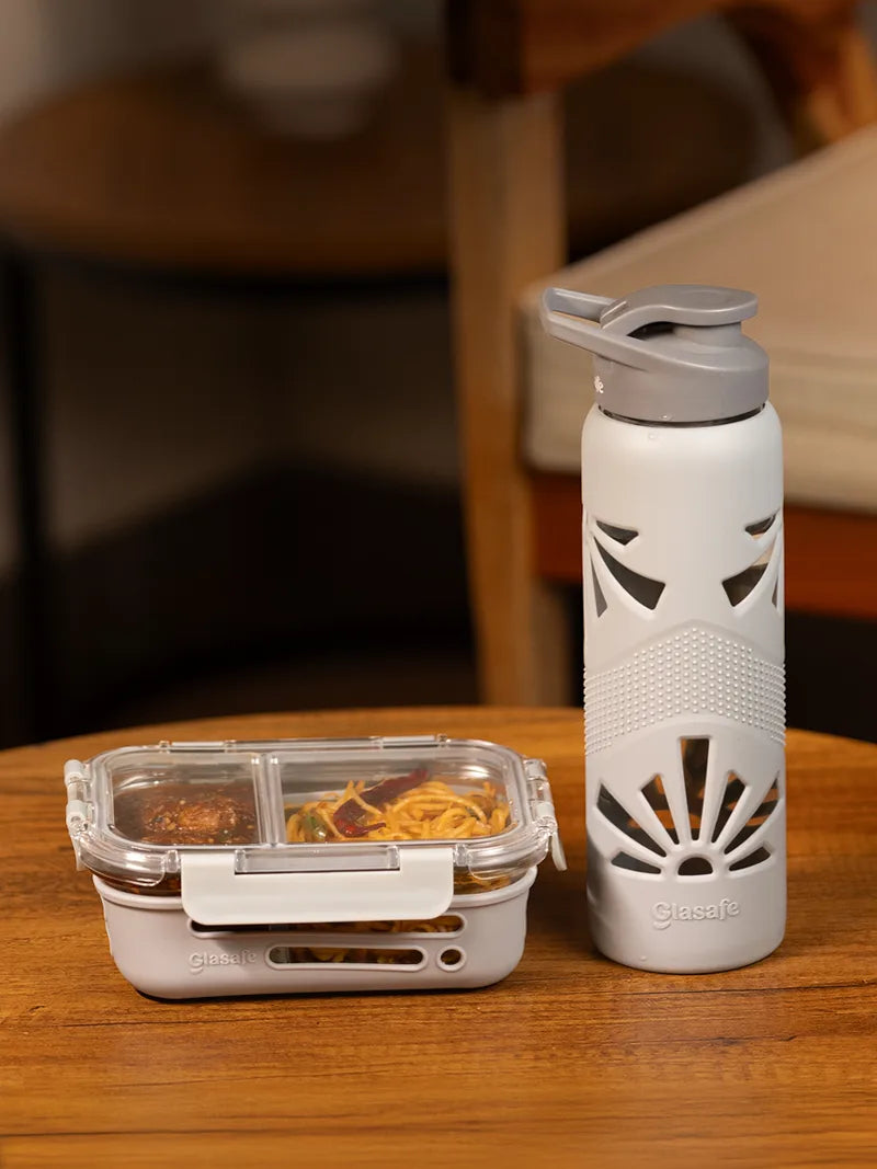 Hydr-O-Lunch Set with Compartment Tiffin and Borosilicate Glass Bottle (Tiffin: 580mlx1 + Bottle: 750mlx1)