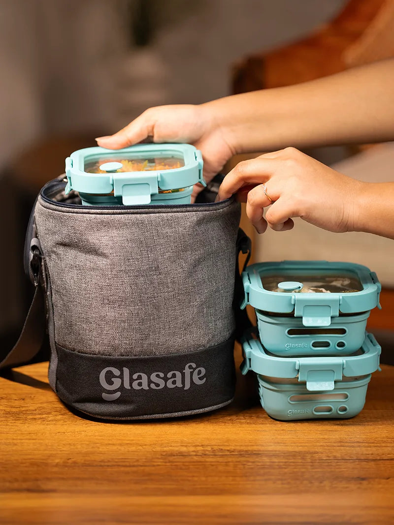 Mealmate Lite Set of 3 Glass Tiffin Box Combo with Lunch Bag