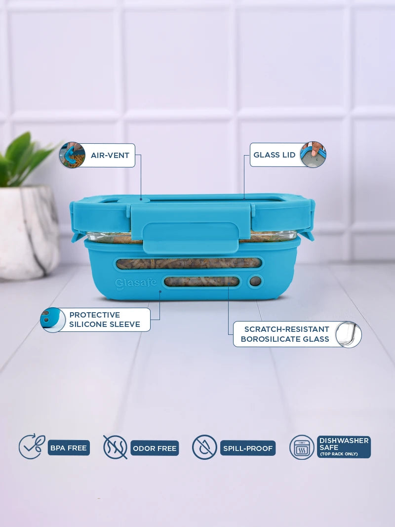 Glass Salad / Lunch Box with Airtight Glass Lid & Silicone Cover, 370ml