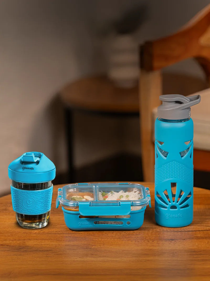 Desk Fuel Combo with Compartment Tiffin, Coffee Mug and Glass Water Bottle (Tiffin: 580mlx1 + Mug: 320mlx1 + Bottle: 750mlx1)