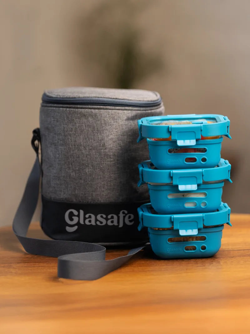 Meal Mate Lite Set of 3 Glass Tiffins with Lunch Bag - (3x320ml + 5l bag)