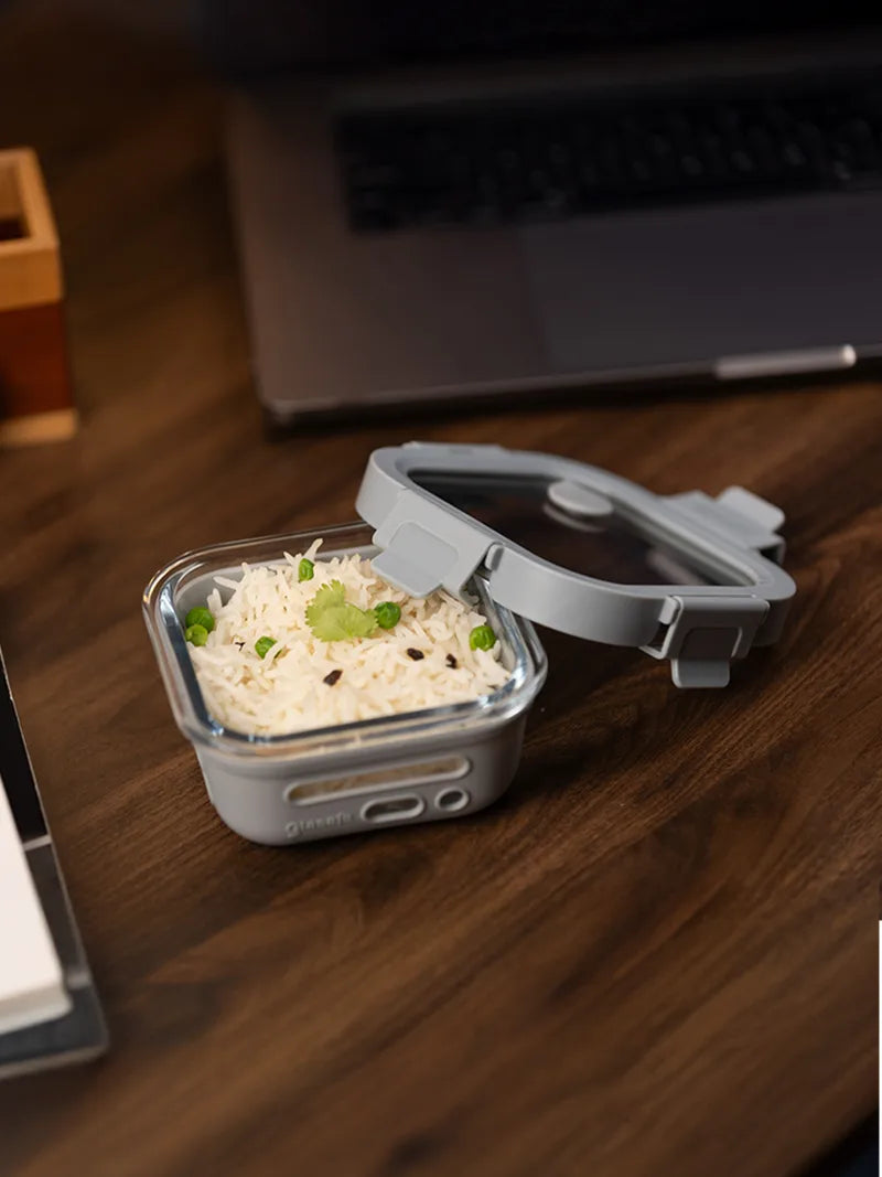 Glass Tiffin Box for Office with Airtight Glass Lid & Silicone Sleeve, 320ml