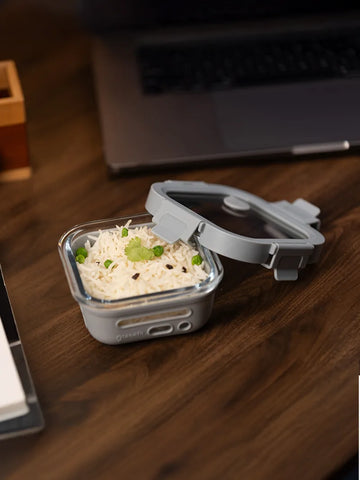 Glass Tiffin Box for Office with Airtight Glass Lid & Silicone Sleeve, 320ml