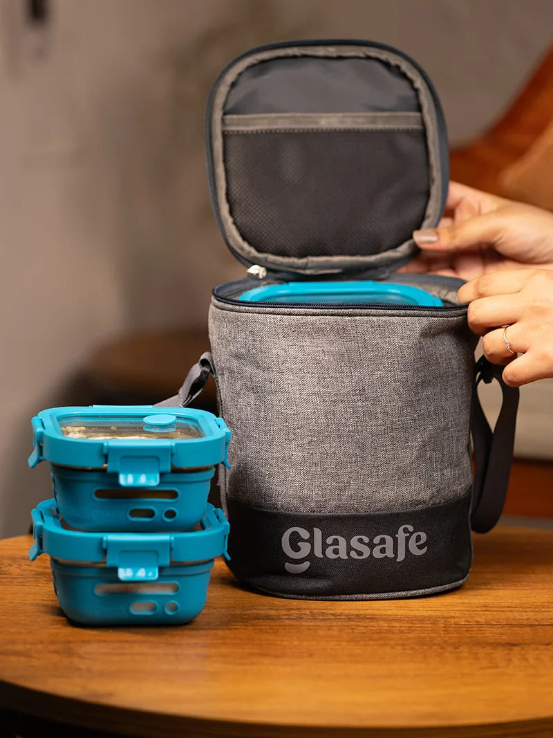 Meal Mate Pro Set of 3 Glass Lunch Boxes with Lunch Bag - (1x520ml + 2x320ml + 5l bag)