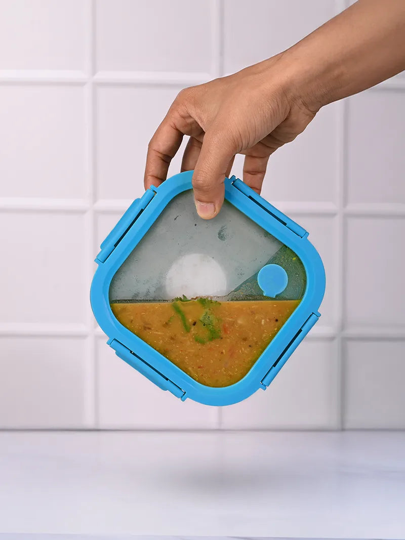 Glass Tiffin Box for Office with Airtight Glass Lid & Silicone Sleeve, 520ml
