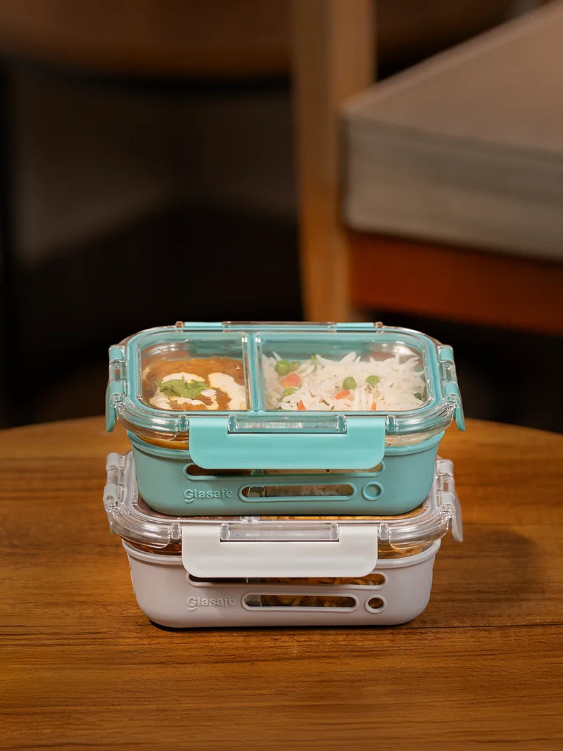 Borosilicate glass lunch box with dual compartment