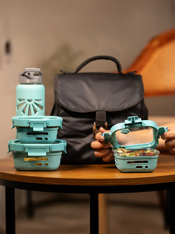 Glass Tiffin Box Set For Office with Air-Tight Glass Lid & Silicone Sleeve (Tiffin: 320x2 + 520x1, Bottle, Bag)