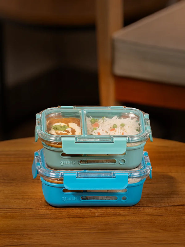 Set of 2 580ml Dual Compartment Glass Lunch Box For Office with Air Tight Lid & Silicone Sleeve, (Blue, Green)