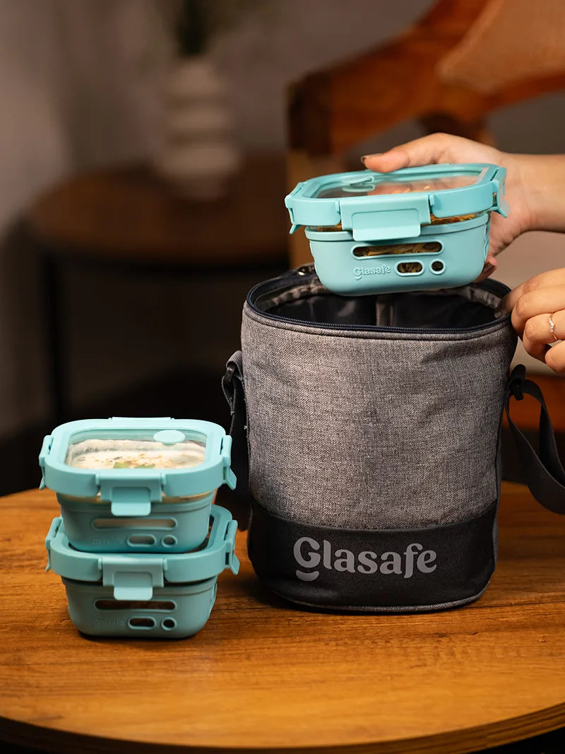 Mealmate Pro Set of 3 Glass Lunch Box Combo with Lunch Bag