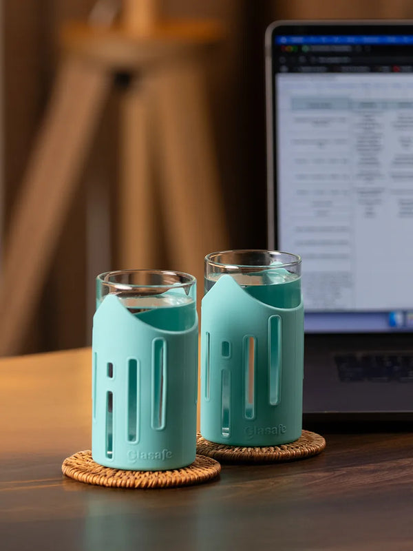 Set of 2 Drinking Water Glasses with Silicone Sleeve, 350ml (Mellow Mist)
