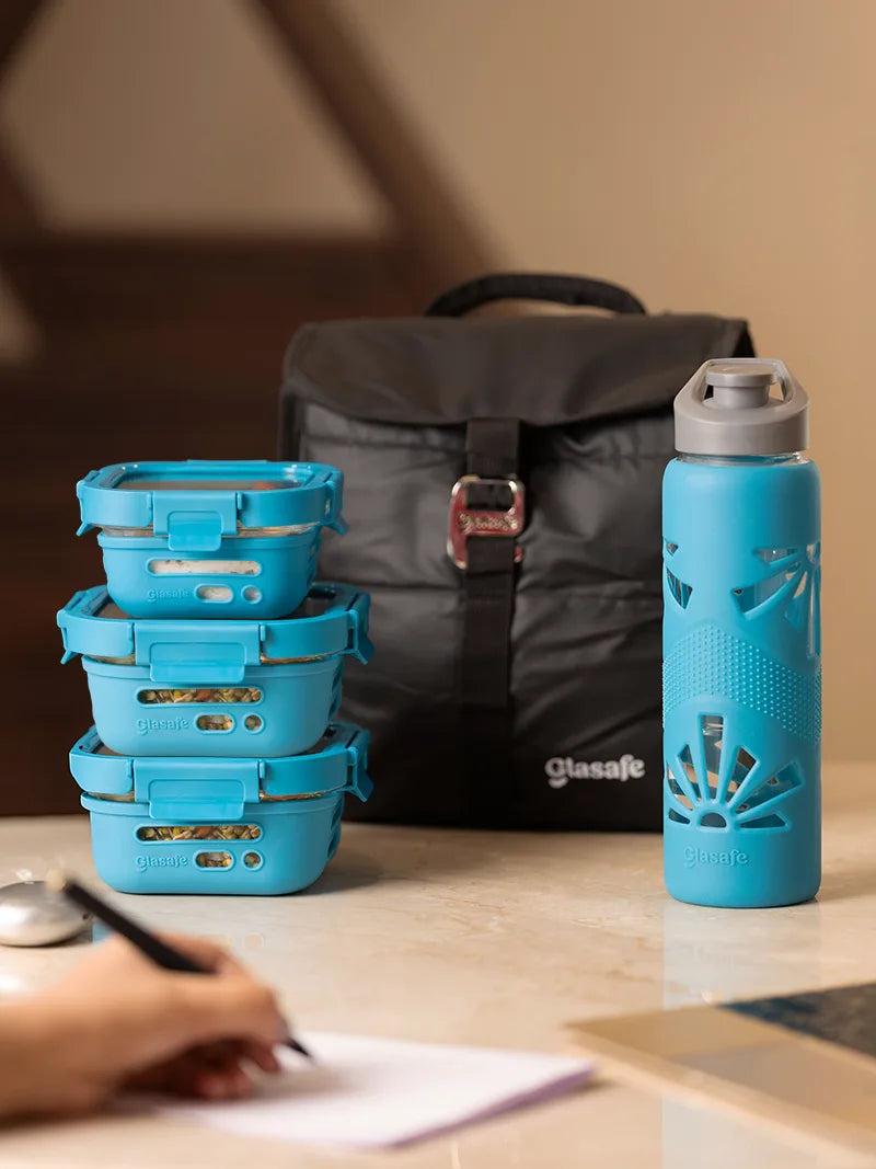 Glass Lunch Box Combo For Office with Air-Tight Glass lid & Silicone Sleeve (Tiffin: 320x1 + 520x2, Bottle, Bag)