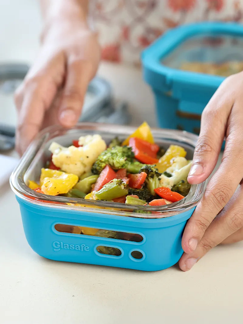Glass Tiffin Box for Office with Airtight Glass Lid & Silicone Sleeve, 520ml